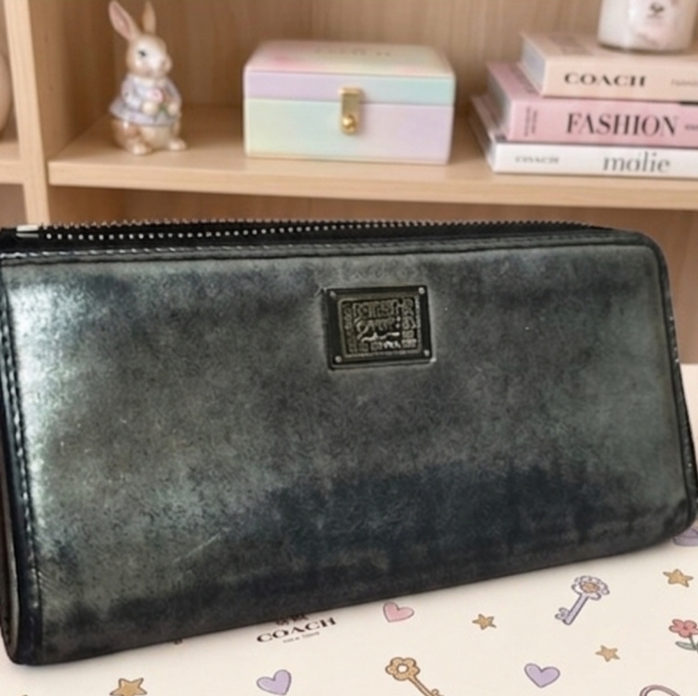 Coach Poppy Metallic Silver and Gray Zippy Long Wallet